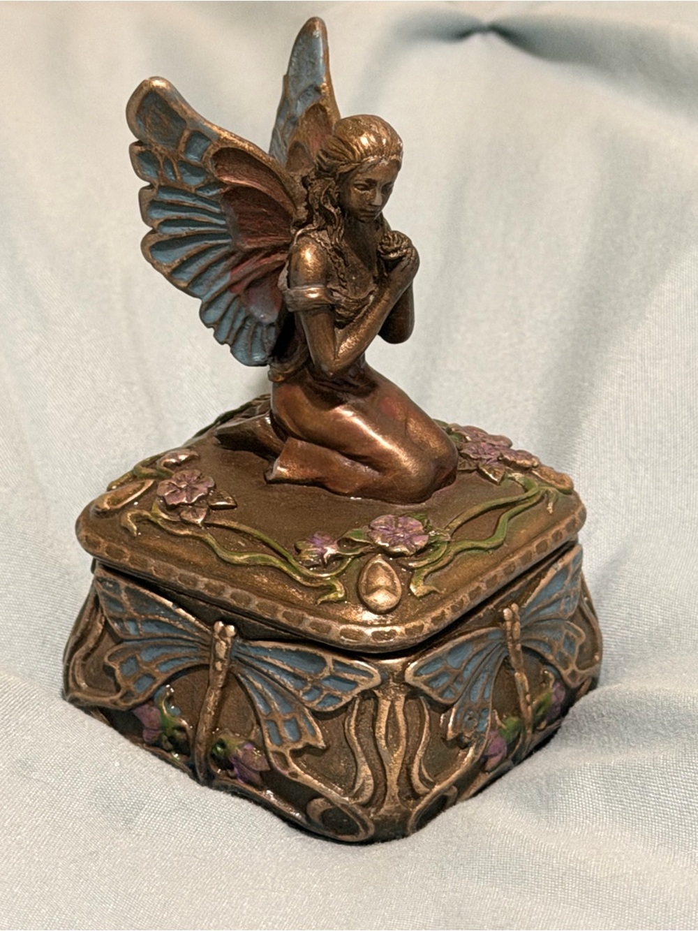 Bronze Dragonfly Fairy Trinket Box with Blue Wings